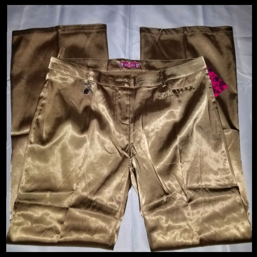 Modiva Retro Shiny Pants, Khaki, Flare Leg